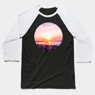 Summer Sunset Bringing Out Shades Of Pink, Gold And Orange In The Sky, Ocean And Beach Pebbles Baseball T-Shirt